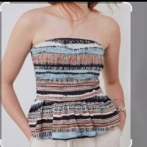 NWT. Anthropologie Porridge  Strapless Peplum Top in Black, Blue & Tan
